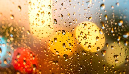 Raindrops on Glass with Bokeh Lights, Creating a Warm, Abstract Scene