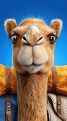 Fototapeta premium A resilient single humped camel prepared for a long expedition carrying a loaded backpack across a vast sun drenched desert terrain symbolizing endurance and travel