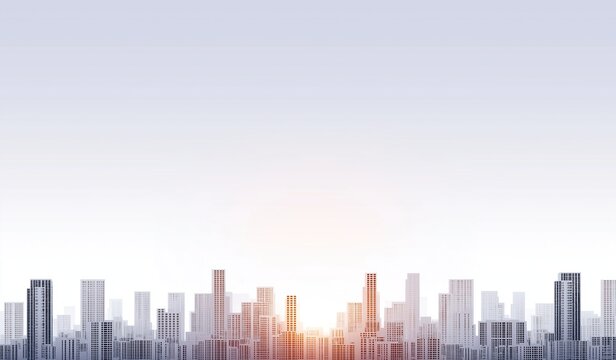 Modern city skyline at sunrise with gray and white buildings against soft light sky, clear background for text or graphics