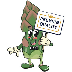 cute asparagus cartoon mascot character vector illustration a sign that says premium quality, work of hand drawn