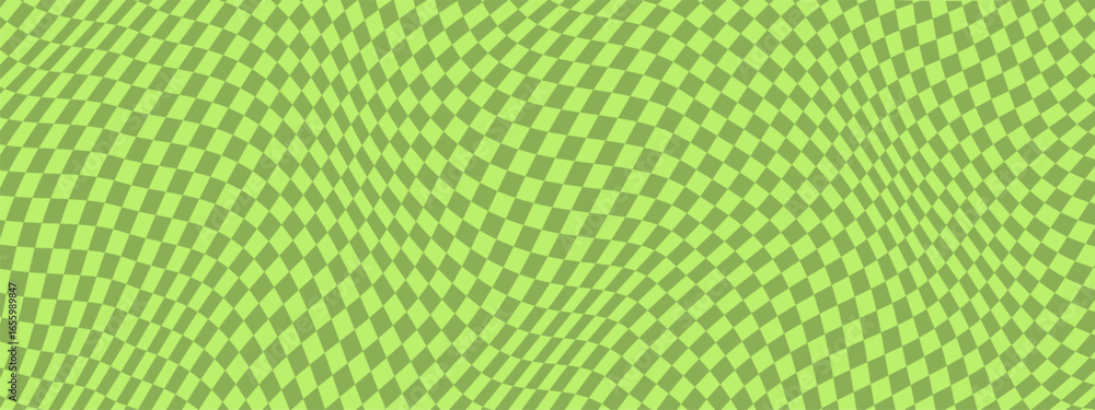 Poster trippy green checkerboard with psychedelic warp effect and y2k distorted pattern. retro swirl groovy