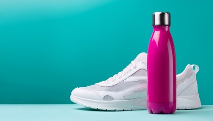 White sneaker, shoe, trainer with a reusable metallic dark pink water drink bottle side view, isolated on teal background, exercise, healthy, health, comfortable stylish sports single footwear