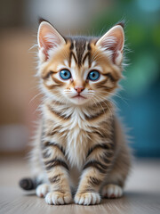 Obraz premium A curious tabby kitten with bright blue eyes sits attentively, radiating innocence and playfulness in a delightful pose