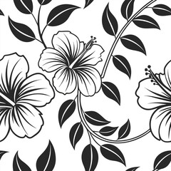 Black and white hibiscus flowers and leaves pattern seamless design floral