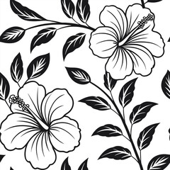 Black and white hibiscus flowers and leaves pattern seamless floral