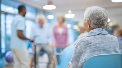 Elderly Care Senior Woman in Group Therapy at Assisted Living Facility