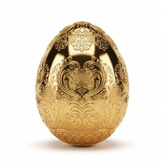 A golden Easter egg with an ornate embossed floral pattern, standing on a white