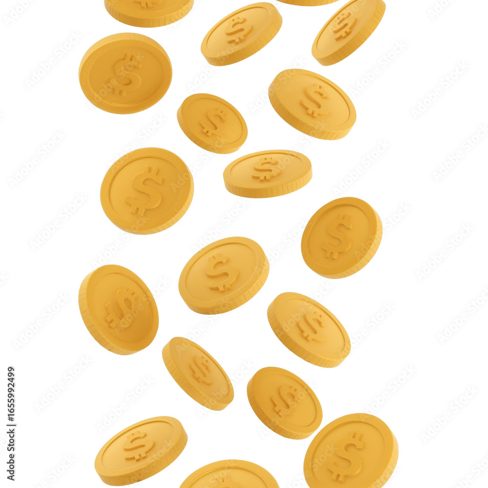 Poster golden dollar coins soaring upwards creating a mesmerizing financial vortex on transparent backdrop