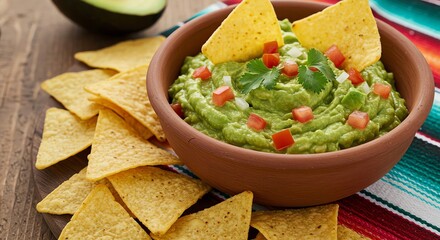 Fresh Homemade Guacamole with Tortilla Chips Appetizing Close Up