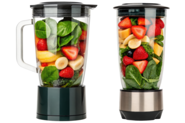 Two blenders full of fresh fruit for making healthy smoothies isolated with transparent background