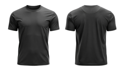 Black blank t shirt template from two sides isolated on transparent white background, clipping pat