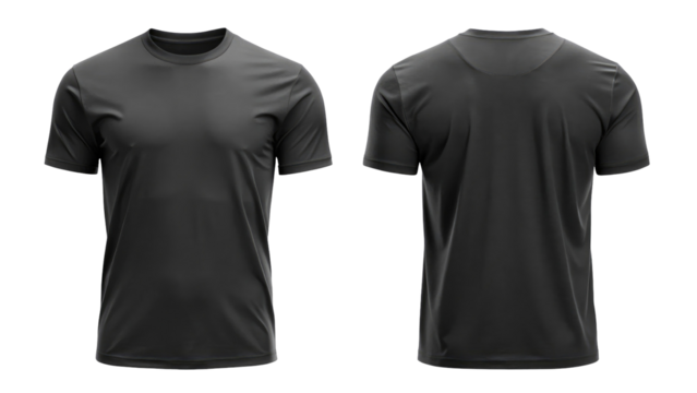 Black blank t shirt template from two sides isolated on transparent white background, clipping pat