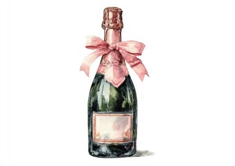 Watercolor painting of a champagne bottle adorned with a pink ribbon