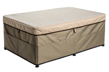 Beige waterproof protective cover for an outdoor storage box isolated with transparent background