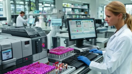Focused Medical Laboratory Technician Analyzing Blood Samples on Advanced Equipment - Powered by Adobe