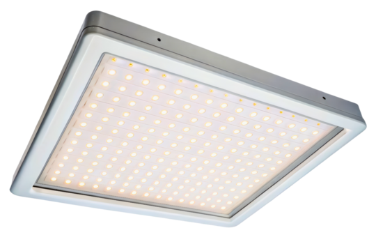 Large square industrial LED panel light for ceiling mounting isolated with transparent background