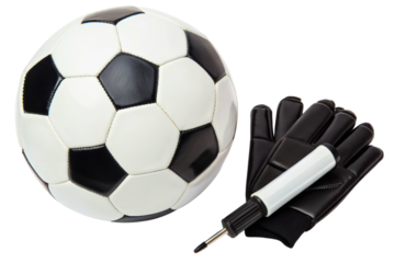 Soccer equipment with a ball, goalkeeper gloves, and an air pump isolated with transparent background