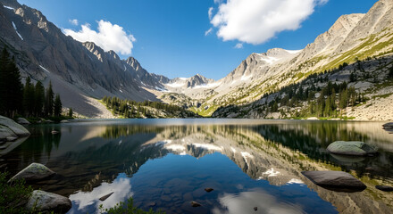 Alpine Serenity: Reflections of Rugged Peaks in a Pristine Lake, A Breathtaking Vista of Nature's Untamed Beauty, Showing the Harmony Between Mountains and Water, Creating an Impression of Peace and