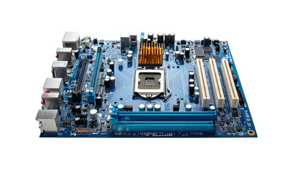 Computer motherboard with detailed electronic components, isolated on transparent background