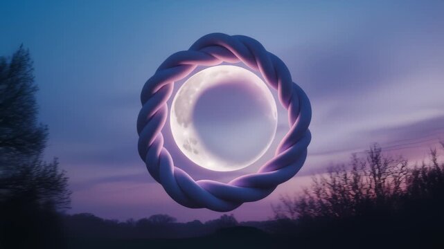 Lavender Rope Circle Expanding and Contracting in Twilight with Crescent Moon