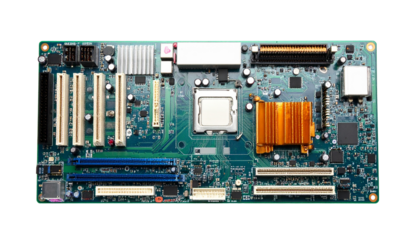 Computer motherboard with detailed electronic components, isolated on transparent background.