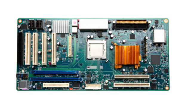 Computer motherboard with detailed electronic components, isolated on transparent background.