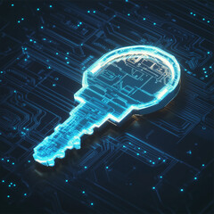 A glowing blue key overlayed on a dark circuit board with small blue lights scattered around the key image