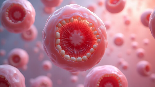 Microscopic image of different types of ovarian cysts, with emphasis on dermoid cysts. 