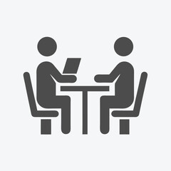 Meeting Two Figurines Discuss at Table, One with Laptop, White Background