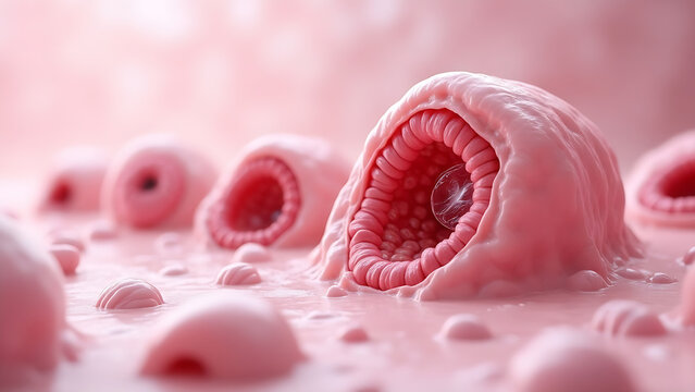 Microscopic image of different types of ovarian cysts, with emphasis on dermoid cysts. 