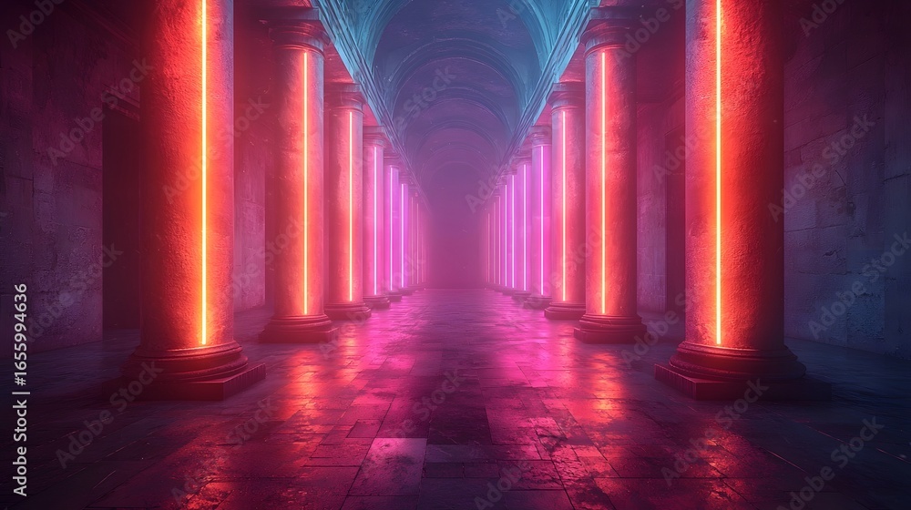 Poster futuristic neon winter scene with an empty glowing display table