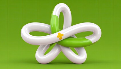Abstract, 3D-rendered flower-like shape, composed of intertwined, glossy, white and lime green loops, with a yellow cross in the center, set against a bright lime green background