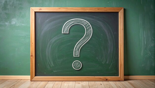 A large white chalk question mark drawn on a green chalkboard with a wooden frame, symbolizing inquiry and uncertainty.