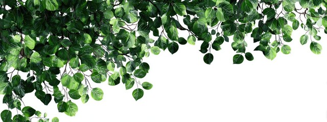 Lush green leaves cascading down, forming a decorative border against a white background