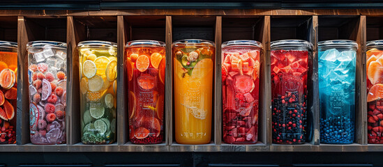 Colorful fruit infused drinks in glass containers.
