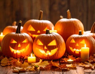 Decorative pumpkins with carved faces, candles inside, glowing in the dark, autumn leaves around, Halloween concept photo.