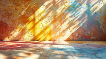 Colorful sunlit interior space with textured walls and patterned floor.