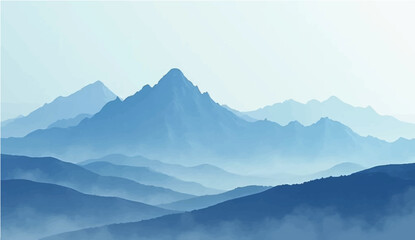 Morning mountain landscape with misty peaks and scenic valley view