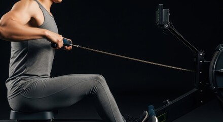 Woman working out on rowing machine. Fitness workout for strength training and healthy lifestyle. Exercise equipment for gym.