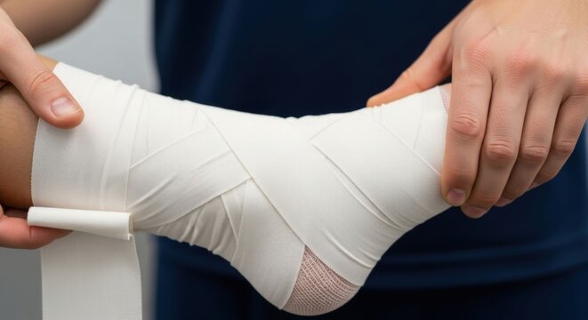 A man wrapping a compression bandage around an injured leg. Medical first aid for sports injury, recovery after accident. - Powered by Adobe