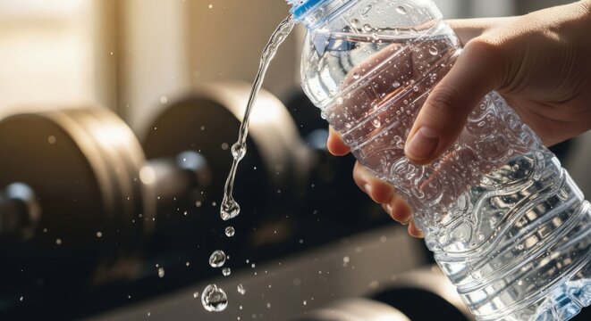 Caucasian woman pouring fresh water from a plastic bottle at fitness gym. Healthy sport lifestyle and hydration. - Powered by Adobe