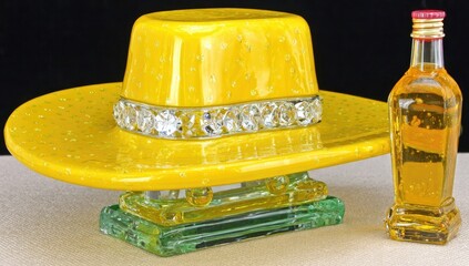Yellow cowboy hat sculpture with crystals and small bottle
