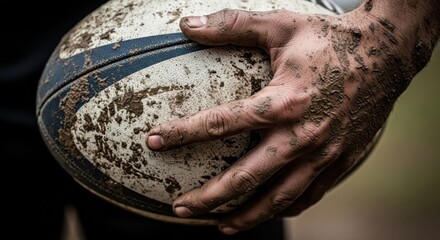Close up of a man's muddy hand holding a dirty rugby ball, symbolizing a tough sport and hard play.