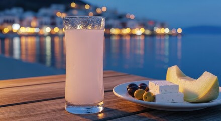 Traditional turkish raki drink with meze platter overlooking a coastal town at dusk