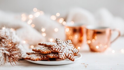 Stacked snowflake-shaped gingerbread cookies on a white plate, with copper mugs and Christmas lights in the background