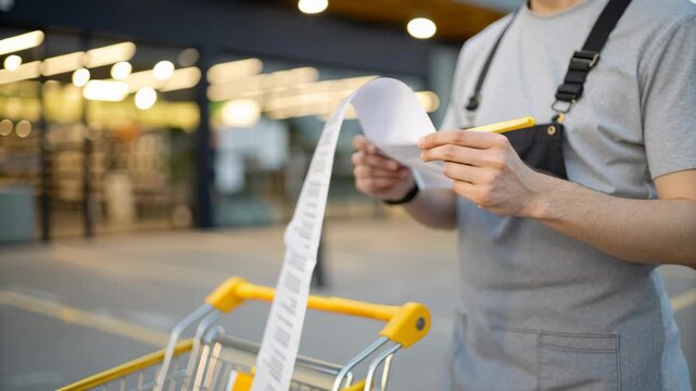Cost and living expenses shown as person checks long grocery receipt outside store with shopping cart full of shopping items