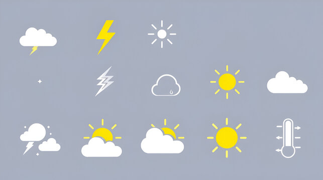 Set of editable meteorology icons including thunderstorm snowflake sunshine and temperature symbols in a flat 64x64 pixel perfect outline design  These icons can be used for weather forecast