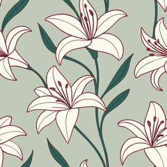 Cream lily flowers with green leaves on a pale green background floral pattern