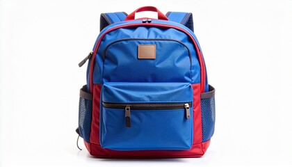 A modern blue and red backpack with multiple zippered compartments, isolated against a clean white background.