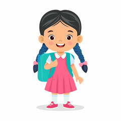 Obraz premium Young girl with pigtails and schoolbag: A charming young girl with pigtails and a cheerful smile stands ready for a day of learning.